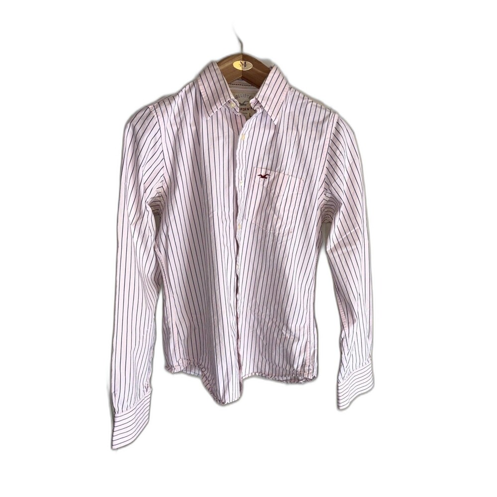 Hollister Button Up Shirt Mens Large Pink Stripe Collared 100% Cotton *